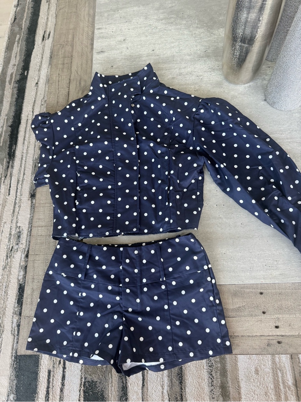 Navy Polka Dot Two-Piece Set - Crop Jacket & Shorts